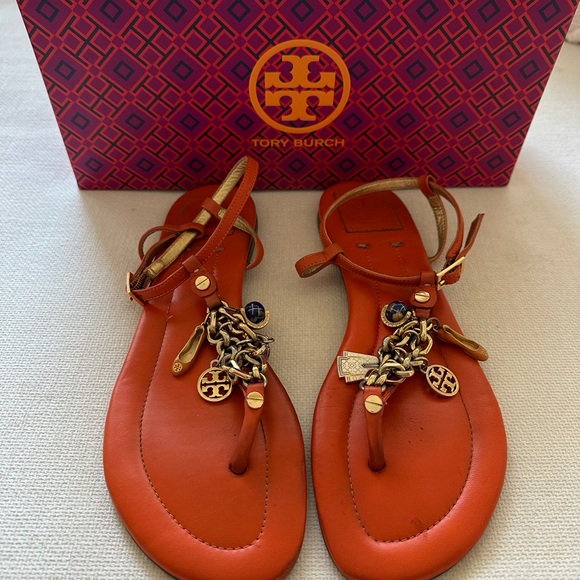 Tory Burch Orange Sandals with Gold Accents - Picture 1 of 6